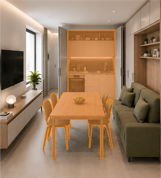 Bilocale nella configurazione pranzo: Cucina + Zona pranzo